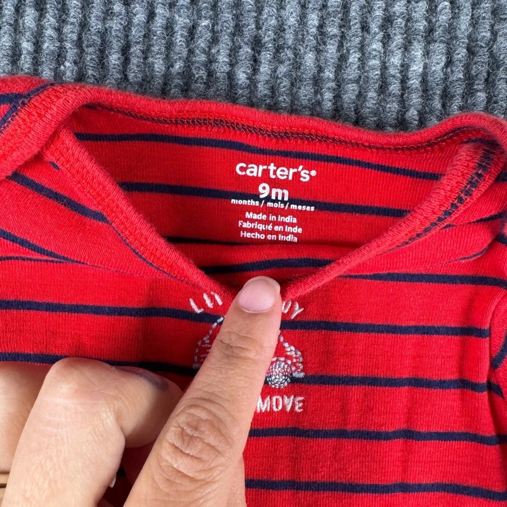 Carters Baby Boy 9M Romper Set 2 Pack Red Striped Gray Car Print Long Sleeve 841